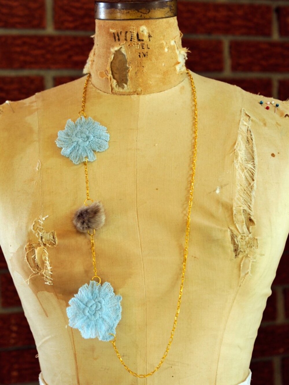 Handmade Lace Flower Sautoir Necklace | Baby Blue + Fur Pompom | Upcycled